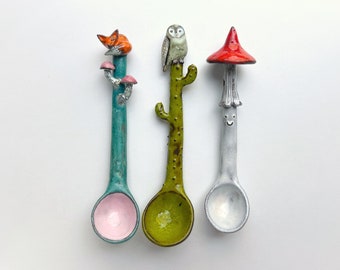 Set Of 3 Spoons. Fox, An Owl On Cactus And Mushroom Spoon!!!