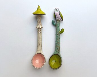 Set Of 2 Spoons. Mushroom With Smile And Green Owl On Cactus Spoon!!!