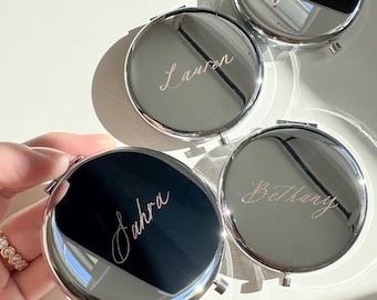 Hand Engraved Calligraphy Compact Mirror, Personalized Gift, Bridesmaid Gift