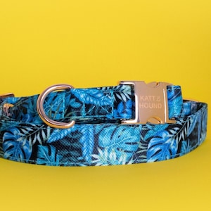 Blue Luxury Dog Collar | Rainforest Print With Rose Gold Buckle