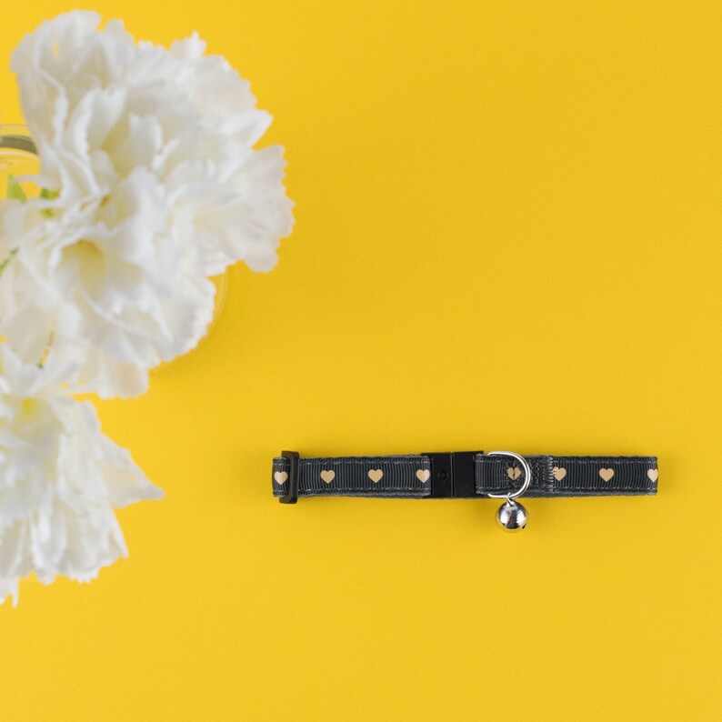 May include: A black cat collar with a gold heart pattern and a silver bell. The collar is on a yellow background.