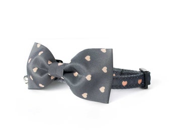 Grey Cat Collar with Bow Tie | Sweetheart Heart Print | Quick Release Buckle
