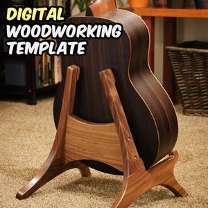 May include: Acoustic guitar displayed on a custom-made wooden stand. The stand is crafted from light and dark brown wood, with a unique, curved design. The guitar has a dark brown finish with visible wood grain. Text on the image reads "DIGITAL WOODWORKING TEMPLATE".
