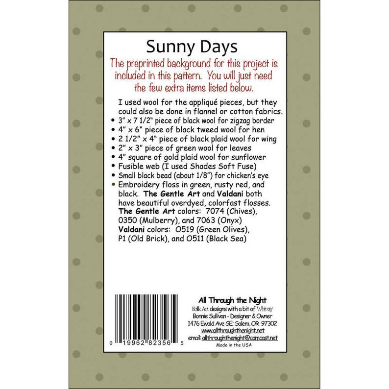 Applique Wall Hanging #1728 Sunny Days Pattern with Pre-Printed Background By Bonnie Sullivan for All Through The Night