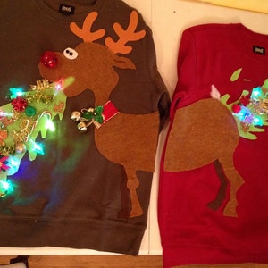 Ugly Christmas sweater, couple sweater, vomiting reindeer with lights ladies and mens afbeelding 1