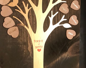 Family tree with wooden hearts as leaves. Gift for parents, grandparents, Mother's Day, Father’s Day. You add the names