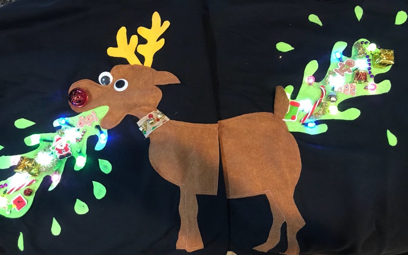 Ugly Christmas sweater, couple sweater, vomiting reindeer with lights ladies and mens afbeelding 2