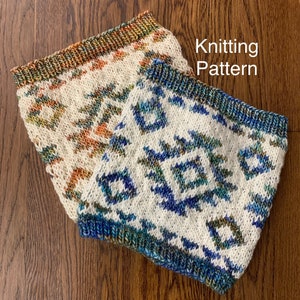 May include: Two knitted cowls with geometric patterns. One cowl features a cream background with orange, green, and brown accents. The other has a cream background with blue and green accents. The text "Knitting Pattern" is visible.