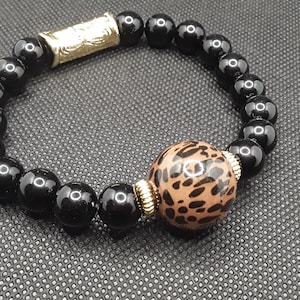 Cheetah print black and gold beaded bracelet, Black and gold beaded elastic bracelet, Animal print bracelet