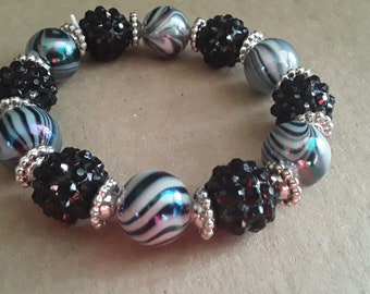 Black and gray swirl beaded elastic bracelet, Black shamballa beaded bracelet