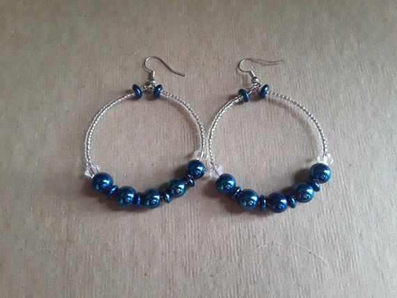 Blue and Clear Beaded Hoop Earrings, Blue Glass Beaded Earrings