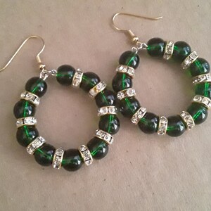 Small green and gold beaded hoop earrings, 14k gold-lined rondelle rhinestone spacer earrings