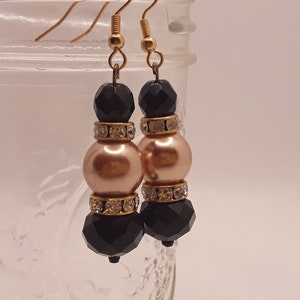 Black and gold beaded dangle earrings, Black and gold earrings, Formal dangle earrings