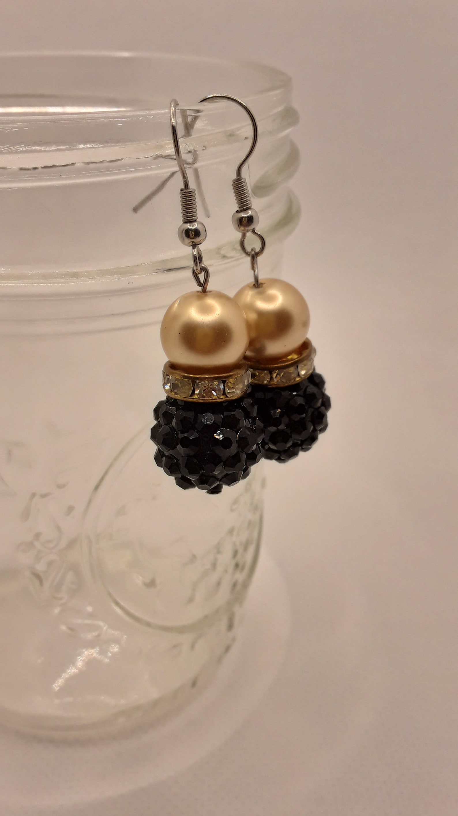 Black and Gold Beaded Formal Dangle Earrings, Black Shamballa Beaded