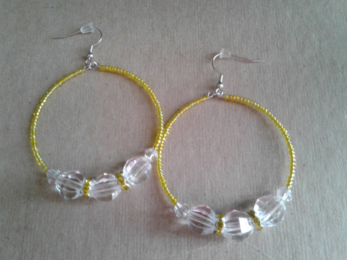 Yellow and Clear Beaded Hoop Earrings Yellow Seed Beaded Hoop Etsy