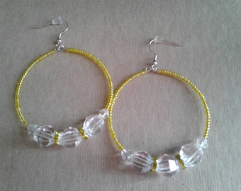 Yellow and clear beaded hoop earrings, Yellow seed beaded hoop earrings