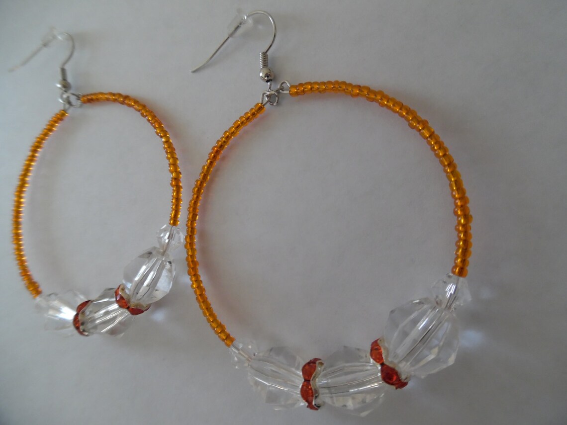 Orange and Clear Beaded Hoop Earrings Orange Hoop Earrings Etsy