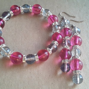 Pink and clear beaded dangle earrings and bracelet set, Beaded jewelry set