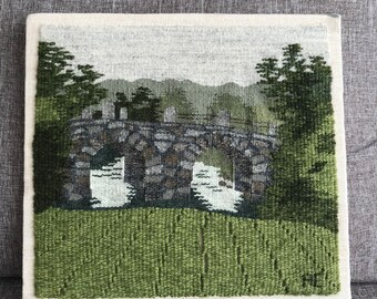 Bridge / Nature Scene / Swedish Flat-weave /Vintage flemish weave /Vintage Cottage decor / Flat-Weave /  Granny Chic /