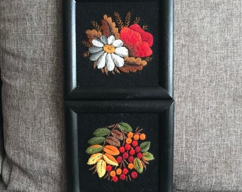 Vintage Crewel / Flower Crewel / framed flower crewel / crewel art / Vintage Embroidery /Needlework / Set of 2 / mountain-ash / Sorbus