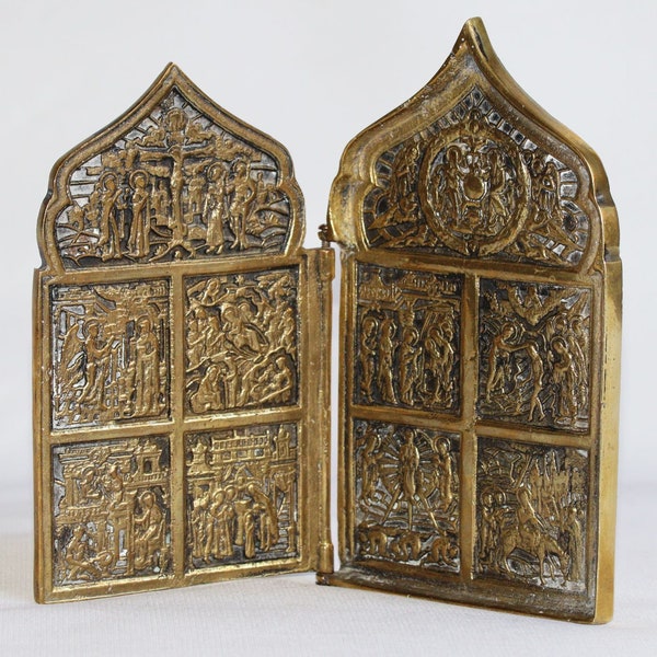 XIX s. Icône orthodoxe en bronze russe antique, 2 parties pliantes