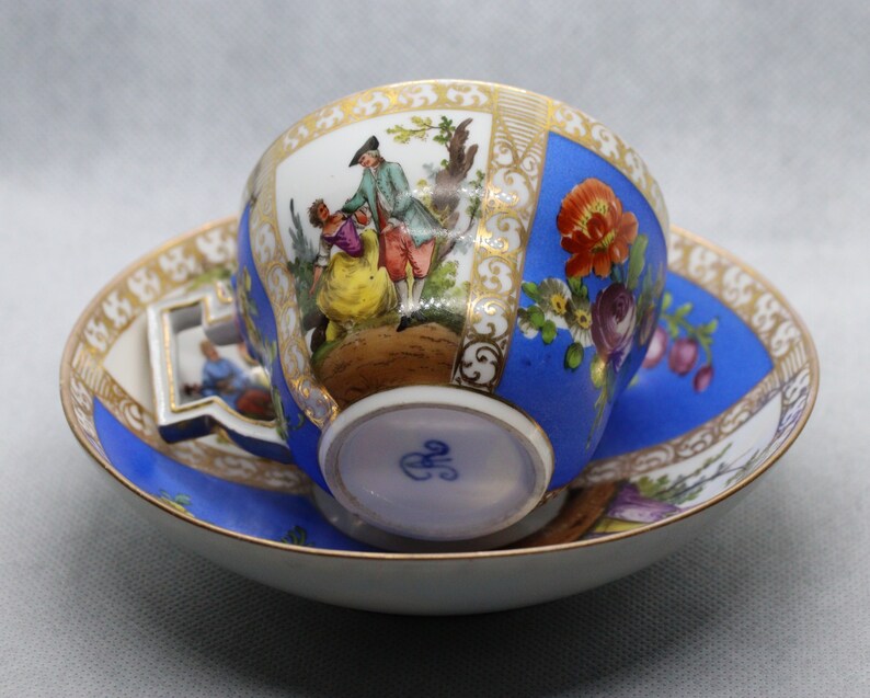 Antique Meissen Augustus Rex Dresden Helena Wolfson Hand Painted Porcelain Cup And Saucer
