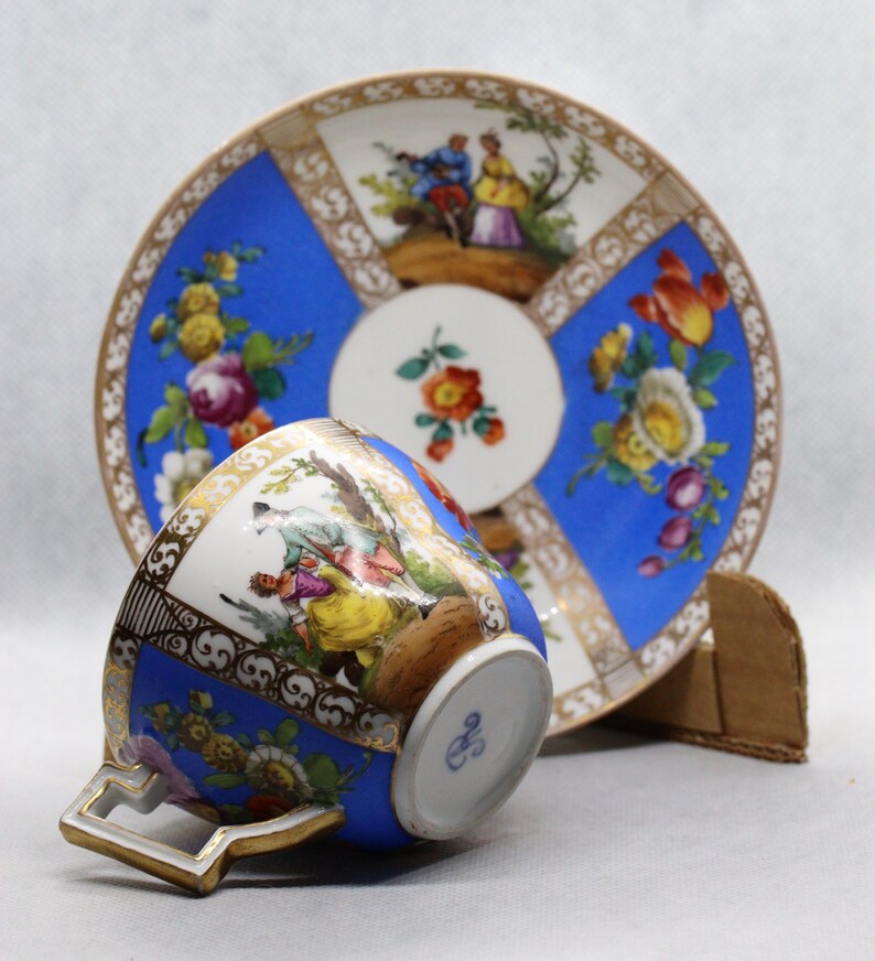 Antique Meissen Augustus Rex Dresden Helena Wolfson Hand Painted Porcelain Cup And Saucer