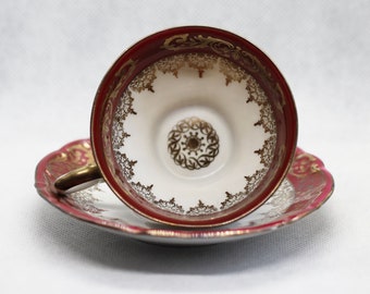 Vintage German Bareuther Waldsassen Porcelain Bone China Red, Gold Cup and Saucer