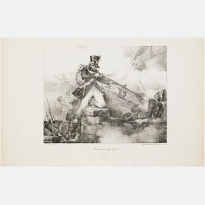 Puede incluir: Un grabado en blanco y negro que representa a un soldado disparando un rifle durante una batalla. El soldado lleva un sombrero alto y un abrigo con una mochila. El grabado está titulado "Le second coup de feu".