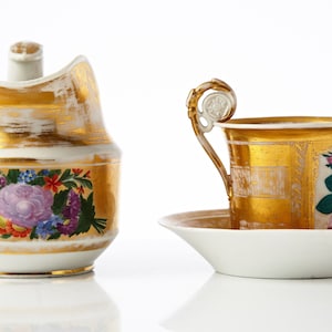 Set of Antique Hand painted Russian Gardner Porcelain Bone China Cup with Saucer and Jug, Gilded Flora 1810-1820