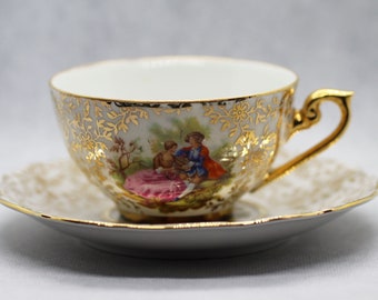 Antique Hlottenhof Bavaria Germany Porcelain Bone China Cup and Saucer 1928