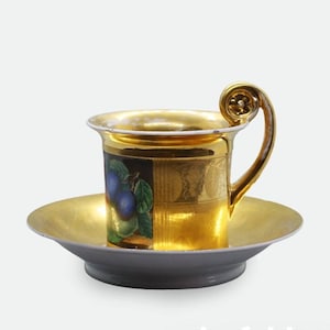 Antique Gilt Hand painted Imperial Russian Batenin Porcelain Bone China Cup and Saucer Gilded XIXc