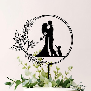 Floral Wreath Wedding Cake Topper with Cat: Boho Wood Cake Decoration