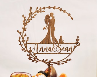 Boho Floral Wedding Cake Topper with Cat, Wreath Wood Cake Topper with Cat, Wedding cake topper, Cats theme wedding, Cake Topper with Pets