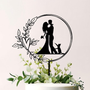 Floral Wreath Wedding Cake Topper with Cat: Boho Wood Decor