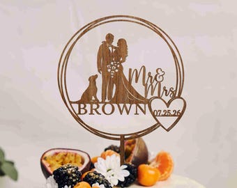 Topper per torta nuziale floreale boho con cane, topper per torta a forma di ghirlanda personalizzata con Labrador, topper per torta nuziale con data, topper per torta con gatto