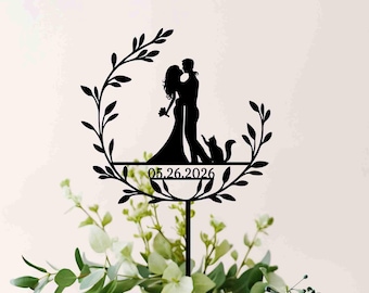 Boho Floral Wedding Cake Topper with Cat, Wreath Wood Cake Topper with Cat, Wedding cake topper, Cats theme wedding, Cake Topper with Pets