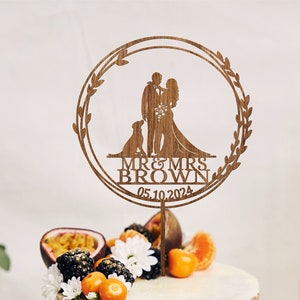 Topper per torta nuziale floreale boho con cane, topper per torta a corona con Labrador, topper per torta nuziale personalizzato, topper per torta con gatto