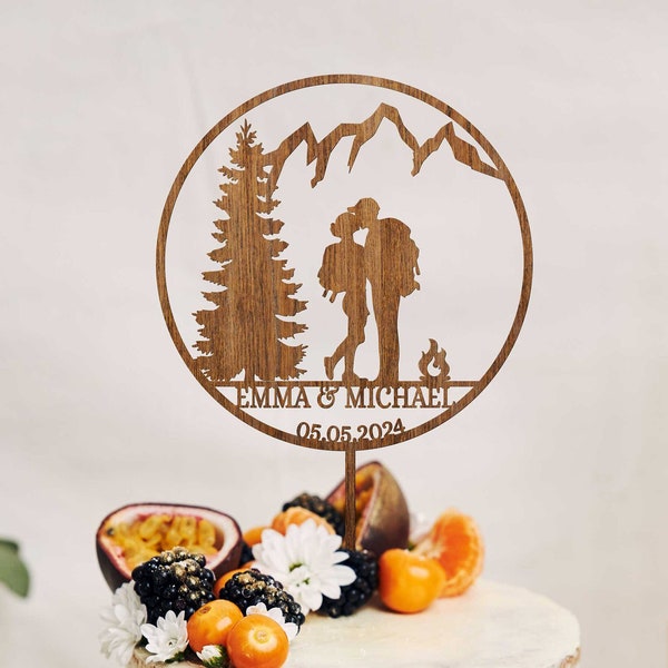 Mountain Wedding Cake Topper, Hiking Couple cake topper, Forest wedding cake topper, Backpacking Bride and Groom, Personalized Cake Topper