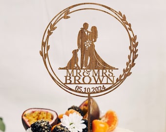 Boho Floral Wedding Cake Topper with Dog, Personalized Wreath Cake Topper with Labrador, Personalized Wedding  Topper, Cake Topper with Cat