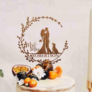 Boho Floral Wedding Cake Topper with Dog, Personalized Wreath Cake Topper with Labrador, Personalized Wedding  Topper, Cake Topper with Cat