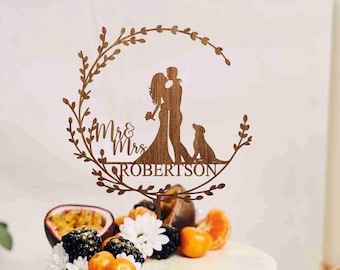 Boho Floral Wedding Cake Topper with Dog, Personalized Wreath Cake Topper with Labrador, Personalized Wedding  Topper, Cake Topper with Cat