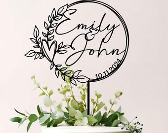 Personalized Wreath Wedding Cake Topper: Wood & Acrylic