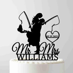 Fishing Wedding Cake Topper, Bride and Groom with fishing rod, Mr and Mrs Cake Topper, Personalized Wedding Cake Topper, Hooked for Life