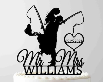 Décoration de gâteau de mariage pêche, décoration de gâteau des mariés avec canne à pêche, décoration de gâteau Mr et Mme, décoration de gâteau de mariage personnalisée, Accroche pour la vie