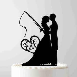 Fishing Wedding Cake Topper, Bride and Groom with fishing rod, Monogram topper, Wedding pair, Fisherman Cake Topper, Funny Cake Topper