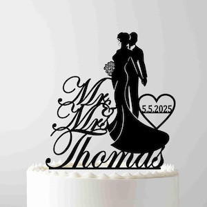 Bride and Groom Wedding Cake Topper: Silhouette, Monogram & Date