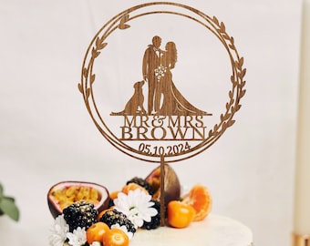 Boho Floral Wedding Cake Topper with Dog: Personalized Wreath