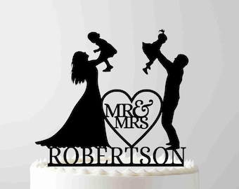 Personalized Family Wedding Cake Topper: Bride, Groom, Two Girls, Last Name