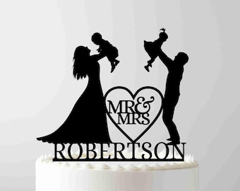 Family Wedding Cake Topper, Bride and Groom with Little Girl and Boy, Last Name, Topper with kids, Cake Topper with Kids , Mr&Mrs Topper